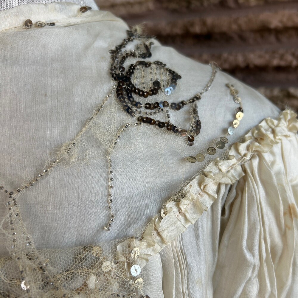 Antique Victorian Ivory Dress Mesh Lace Sequins Distressed Damaged As Is - Picture 14 of 16